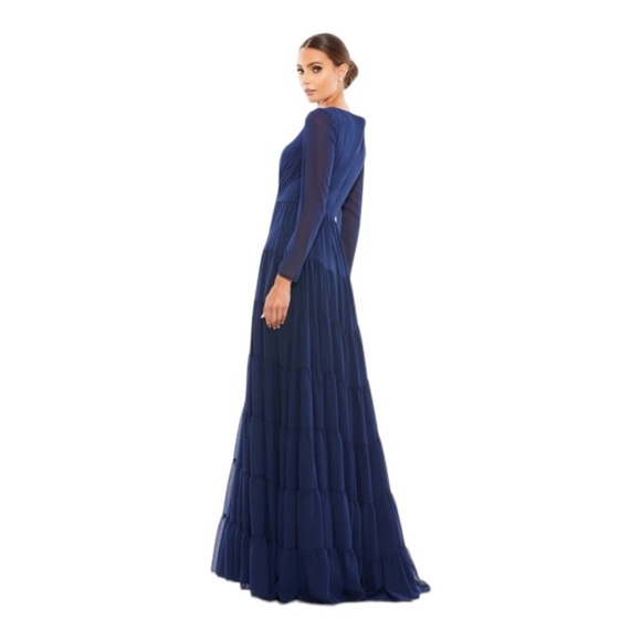 Mac Duggal Faux Wrap Illusion Long Sleeve Tiered Gown in Midnight NWT 55311 - Picture 4 of 10